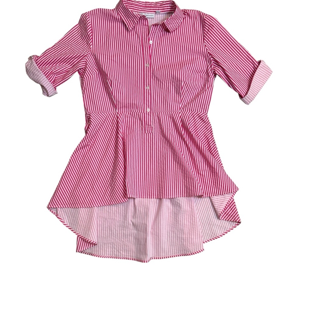New York & Co Pink Stripe Hi Low Peplum Blouse Button Front XL Career Top